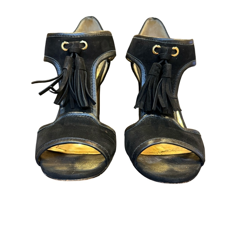 Coach Womenβs Chunky Black Suede Tassel Block Heel Toggle Closure Sz 9